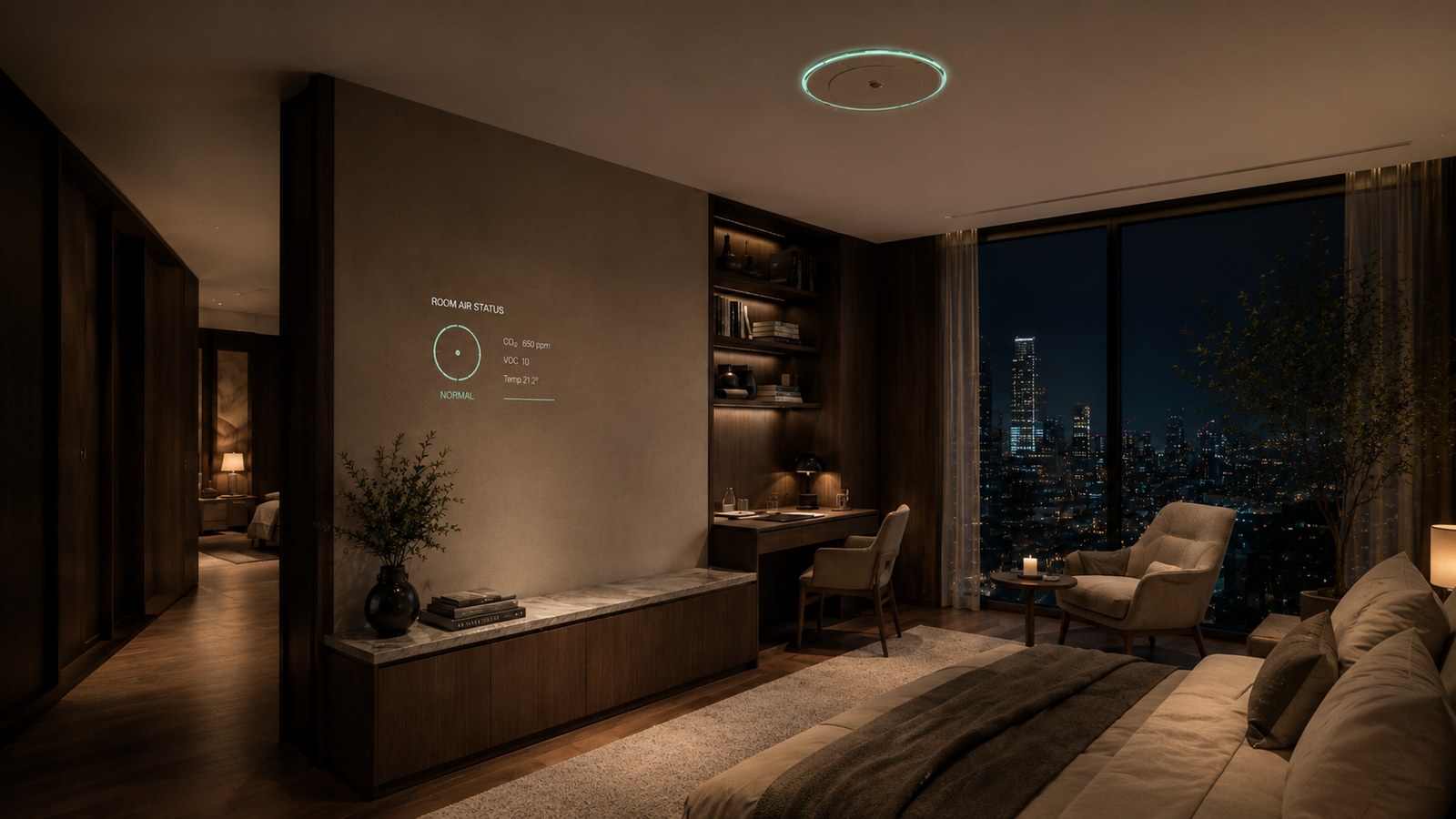 Survair ceiling-integrated smart air diffuser in a premium hotel suite, with a subtle mint status ring and room air status projection.